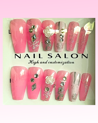 Pink Glamour Press-On Nails with Rhinestones & Floral Design