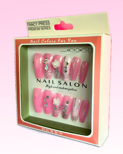 Pink Glamour Press-On Nails with Rhinestones & Floral Design