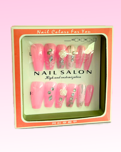 Pink Glamour Press-On Nails with Rhinestones & Floral Design